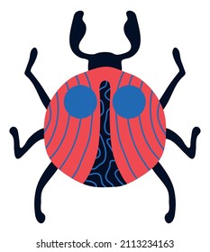 Trendy beetle. Red bug with ornament on wings. Cute insect