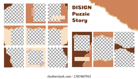 Trendy beige editable template for social media stories and post puzzles, torn paper, vector illustration. Set of stories and post square frame. Layout for advertising. Background design for social