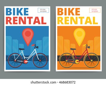 Trendy bicycle rental service poster design. Modern vector bike hire advertisement flyer in A4 size. Cycle and city background.