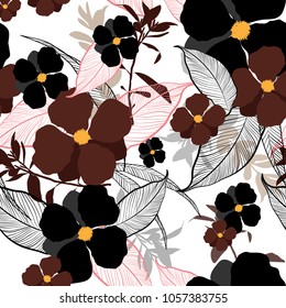 Trendy big blooming Floral pattern iin the garden. Tropical botanical outline leaves random. Seamless vector texture. For fashion prints. Printing with in hand drawn style on white background.