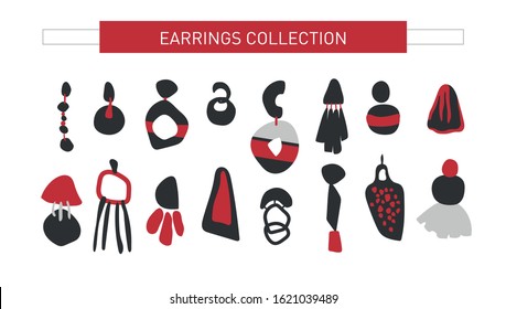 Trendy big earrings collection. Set of 16 simple flat illustrations of different earrings