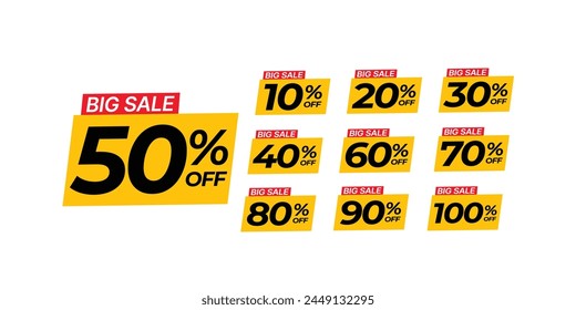 Trendy big sale yellow label different clearance value set. 10, 20, 30, 40, 50, 60, 70, 80, 90, 100 percent price cut out badge vector illustration isolated on white background, Discount price tags.