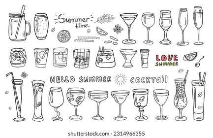 Trendy big set with acoholic and non-acoholic cocktails with ice cubes, mint, fruits and text. Great for bar menu design, packaging. Vector illustration Doodle style. Isolated on white background