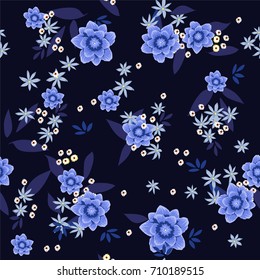 Trendy big and small  Floral pattern .botanical  Motifs scattered random. Seamless vector texture. Elegant template for fashion prints. Printing with hand drawn style in navy blue background.