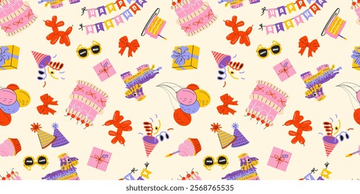 Trendy Birthday colorful seamless background with cakes, gift boxes, balloons, confetti and party decoration. Great for card, textiles, banners, celebration wallpapers, wrapping.