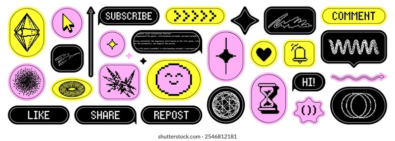 Trendy bitmap sticker asset pack. Y2k pixel art, pixelated geometric element and text quote. Vector elements on transparent background like a png. 
