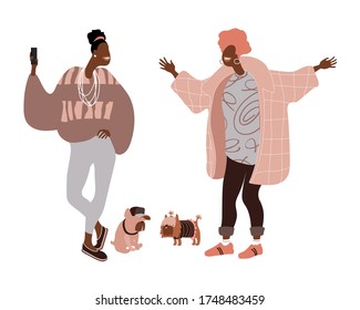 Trendy black Afro-American girlfriends on a walk with their pets take selfies for social media. Cute girls with a dogs. Vector illustration isolated on a white background in a flat & cartoon style.