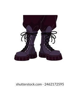 Trendy black army boots with black laces. Pair of leather combat shoes on legs. Feet in high footwear for hiking in punk style. Soldier footgear. Flat isolated vector illustration on white background