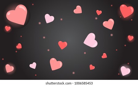 Trendy black background with hearts and bulbs. Idea for Valentine's day. Vector illustration.