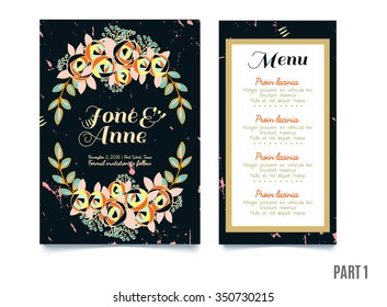 Trendy black card with roses for weddings, save the date invitation, RSVP and thank you, valentines day  cards. Contemporary glamour  template 