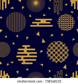 Trendy black and golden festive pattern. Seamless vector background with Japanese, Chinese, Korean motifs. Modern composition with ornate circles and different geometric shapes.
