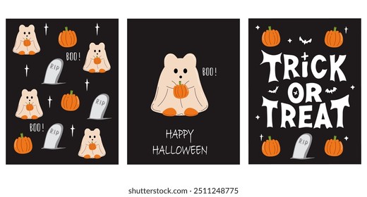 Tarjetas de Halloween negras de moda fijadas en Ilustración vectorial. Tarjetas de felicitación con lindo fantasma, calabaza pequeña y Elementos de halloween en estilo plano. Cita de letras dibujadas a mano de Halloween