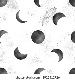 Trendy black moon watercolor pattern with watercolor splash drops on background. Seamless pattern perfect for paper, fabric, textiles, apparel.