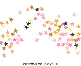 Trendy black pink gold stars magic scatter wallpaper. Many stardust spangles holiday decoration confetti. Cartoon stars magic background. Spangle elements congratulations decor.