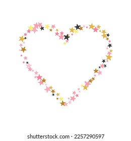 Trendy black pink gold stars random scatter design. Many starburst spangles New Year decoration elements. Party decor stars random illustration. Sparkle symbols congratulations decor.