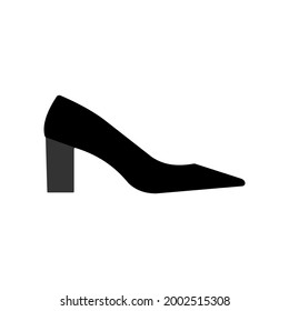 Trendy black pump with wide stable comfortable heel. Simple flat monochrome icon on the white background.