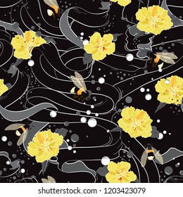 Trendy black  ribbon flowing with blooming yellow hibiscus flower and bubbles delicate mood seamless pattern vector design for fashion,fabric,wallpaper and all prints on black