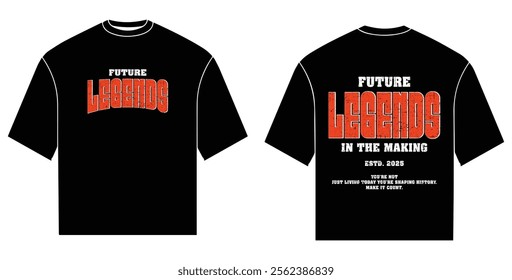 Trendy black T-shirt featuring a bold "Future Legends" design with distressed orange typography, ideal for urban streetwear fashion. Empowering message for those shaping tomorrow’s history.