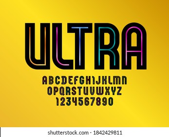 Trendy black ultra font, modern striped alphabet, letters and numbers with colored line, vector illustration 10eps