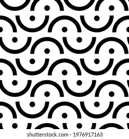 Trendy black and white abstract vector seamless pattern. Flat geometrical semicircles and dots ornate, scandinavian modern simple background. Textile, fabric, wallpaper print template
