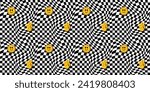 Trendy black and white checkered seamless pattern in groovy style. Distorted geometric square background in vintage psychedelic y2k style with smiley face.