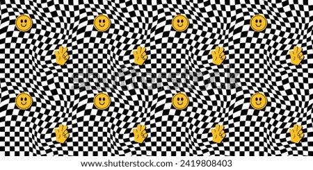 Trendy black and white checkered seamless pattern in groovy style. Distorted geometric square background in vintage psychedelic y2k style with smiley face.