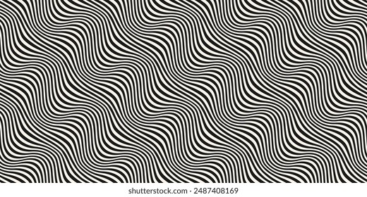 Líneas onduladas diagonales blancas y negras de moda con patrón transparente. Fondo de rayas líquidas abstractas de Vector monocromo simple. Funky textura groovy con ondas diagonales, Formas fluidas. Diseño geométrico repetido
