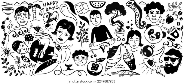 Trendy black and white doodle. With all sorts of things and people. Contemporary street style poster. Vector illustration.