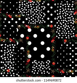 Trendy Black and white Polka dots pattern mix in different size of circle on top with liberty blooming flowers seamless pattern vector for fashion fabric and all prints 