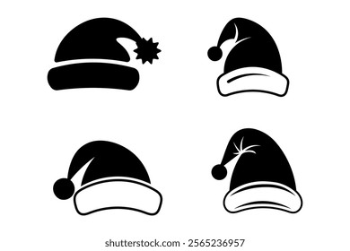 Trendy black and white Santa hat vector art for festive decorations, traditional Santa hat graphic, holiday decoration graphic, Santa hat silhouette, winter holiday design