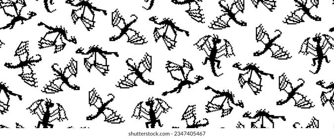 Trendy black and white seamless patternt with flying dragons black silhouettes on white. Pixel art style vector for new year 2024 package, textile, packaging, wallpaper, apparel fabric, home decor,