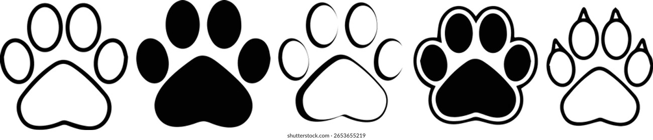 Trendy black and white vector illustration of cute cat and dog paw prints. Perfect for pet-themed designs, stickers, t-shirts, logos, and more. Clean, minimal, and modern animal footprint art.