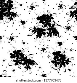 Trendy black and white vector texture. Monochrome floral seamless pattern. Fashion, fabric, ditsy print, wallpaper. Hand drawn silhouette wild flowers scattered random on white polka dots backgroud