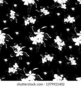 Trendy black and white vector texture. Monochrome floral seamless pattern. Fashion, ditsy print, fabric, wallpaper or your design. Hand drawn flowers and leaves scattered random on black backgroud