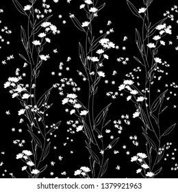 Trendy black and white vector texture. Monochrome floral seamless pattern. Fashion, ditsy print, fabric, wallpaper or your design. Hand drawn flowers and leaves scattered random on black backgroud