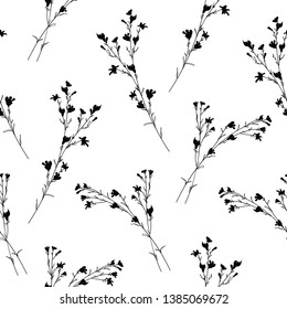 Trendy black and white vector texture. Monochrome floral seamless pattern. Fashion, fabric, ditsy print, wallpaper. Hand drawn silhouette wild flowers and leaves scattered random on white backgroud