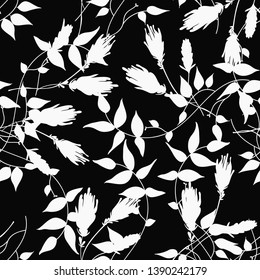 Trendy black and white vector texture. Monochrome floral seamless pattern. Fashion, ditsy print, fabric, wallpaper, design. Hand drawn wild field flowers and leaves scattered random on black backgroud