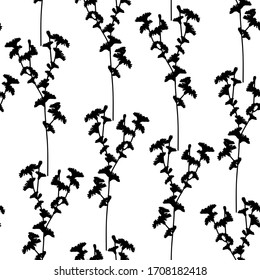 Textura vectorial blanca y negra a la moda. Patrón monocromo floral sin fisuras. Moda, tela, papel pintado. Silhouette dibujada a mano flores silvestres y hojas sobre fondo blanco
