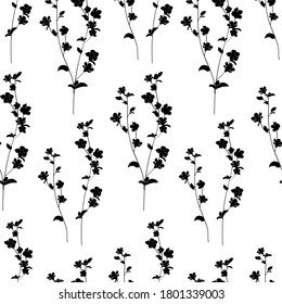 Trendy black and white vector texture. Monochrome floral seamless pattern. Fashion, fabric, ditsy print, wallpaper. Hand drawn silhouette wild flowers and leaves scattered random on white backgroud