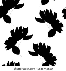 Trendy black and white vector texture. Monochrome floral seamless pattern. Fashion, fabric, ditsy print, wallpaper. Hand drawn silhouette flowers and leaves scattered random on white backgroud