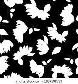 Textura vectorial moderna en blanco y negro. Patrón monocromo floral sin soldadura. Moda, tela, papel pintado, papel pintado. Flores de silueta dibujadas a mano y hojas esparcidas al azar sobre fondo negro