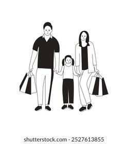 Trendy black and white young parents with their child hold shopping bags.People walking on streets with shopping bags. vector illustration.