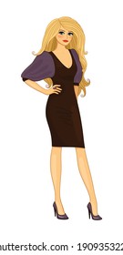 Trendy blond girl wearing dress and high heeled shoes flat vector illustration