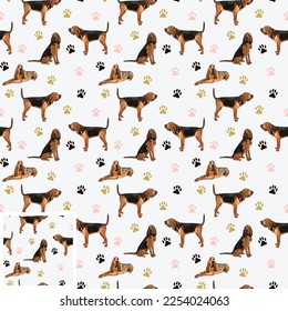 Trendy Bloodhound dog wallpaper. Seamless Bloodhound dog pattern, holiday texture. Square format, t-shirt, poster, packaging, textile, socks, textile, fabric, decoration, wrapping paper. 