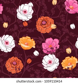 Trendy  blooming Floral pattern in the many kind of flowers. Botanical  Motifs scattered random. Seamless vector texture. Elegant  for fashion prints. Create with in hand drawn style on dark maroon  