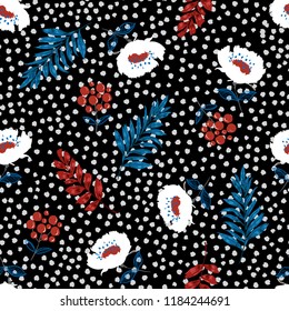 Trendy blooming floral pattern vector ,Flowers on hand drawn on tone polka dot background. Vector summer .for fashion fabric and all prints on black