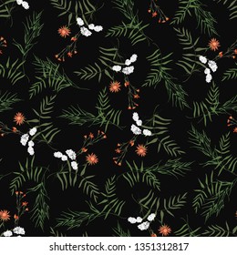 Trendy blossom floral seamless pattern. Blooming botanical motifs scattered random. Сolorful vector texture. Fashion, ditsy print, fabric. Hand drawn different wild meadow flowers on black background