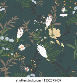 Trendy blossom floral seamless pattern. Blooming botanical motifs scattered random. Сolorful vector texture. Fashion, ditsy print, fabric. Hand drawn different wild meadow flowers on blue background