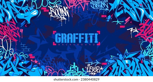 Trendy Blue Colorful Abstract Urban Style Hiphop Graffiti Street Art Vector Illustration Background Template