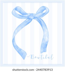 Trendy Blue Coquette ribbon bow Watercolor hand painting Bowtiful